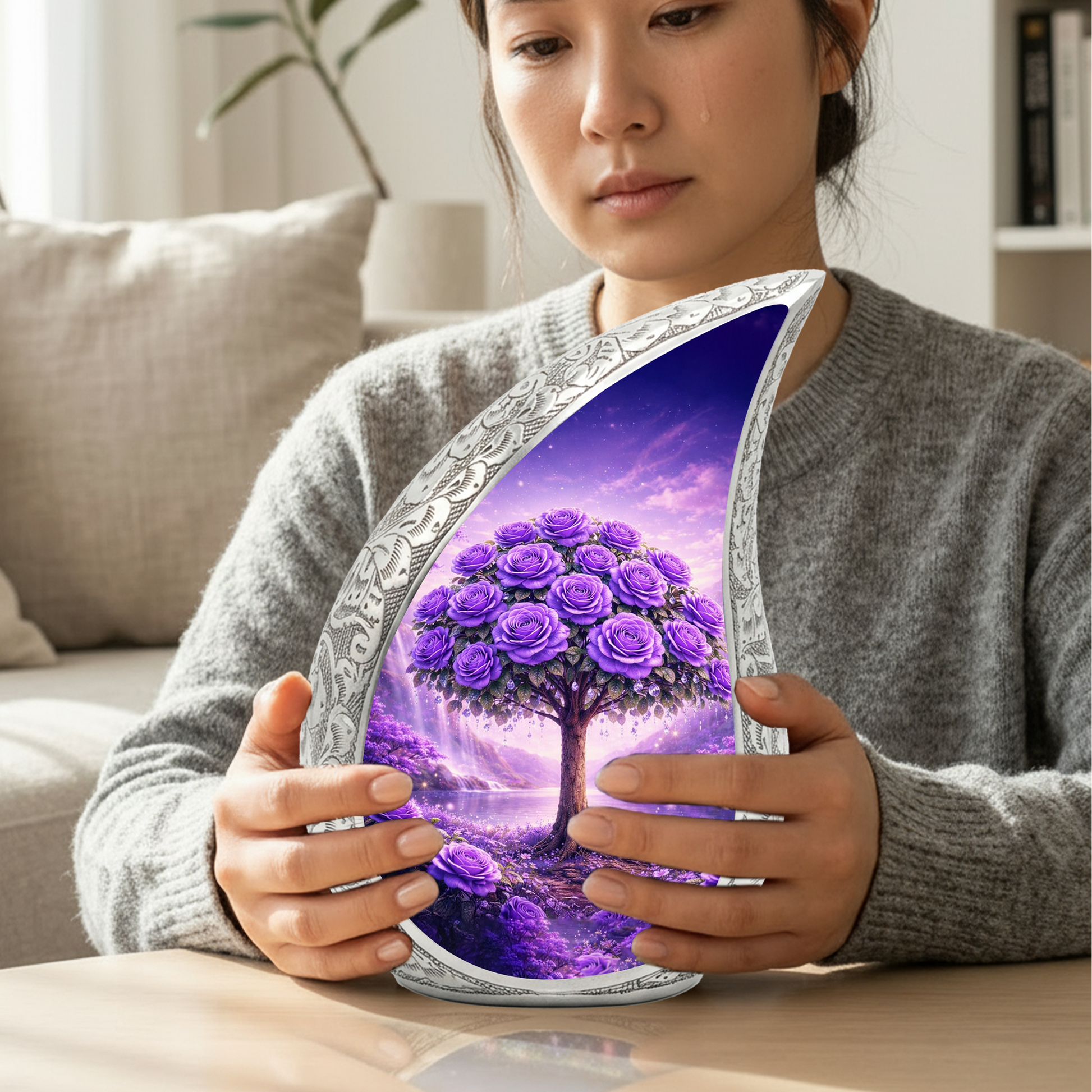 Personalized Purple Rose Cremation Urn – Custom Floral Memorial Urn for Ashes, Tree of Life Teardrop Aluminum Adult Urn, 10 Inch