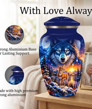 Personalized Wolf and Deer Adult Cremation Urn for Ashes, Wildlife Memorial Urn