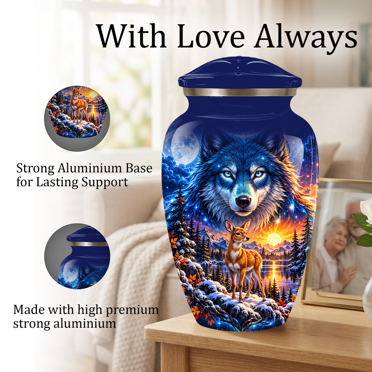 Personalized Wolf and Deer Adult Cremation Urn for Ashes, Wildlife Memorial Urn