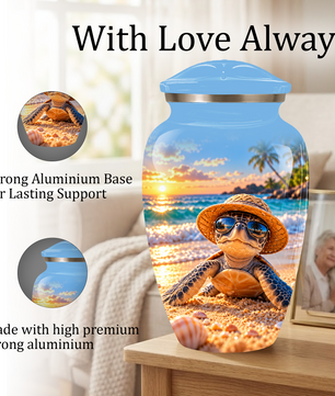 Personalized Sea Turtle Beach Aluminum Urn, Tropical Sunset Memorial Urn for Human Ashes