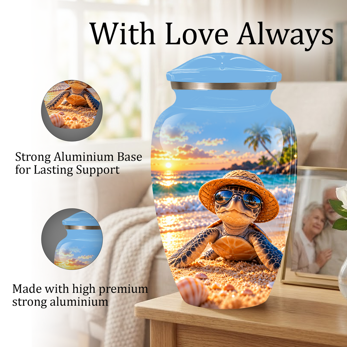 Personalized Sea Turtle Beach Aluminum Urn, Tropical Sunset Memorial Urn for Human Ashes