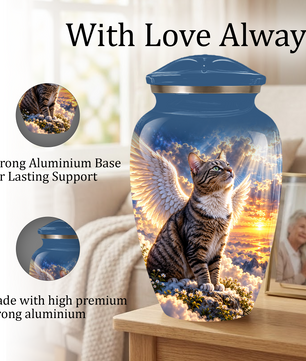 Angel Cat Cremation Urn for Ashes,Heavenly Cat Memorial with Wings, Custom Pet Lover Urn
