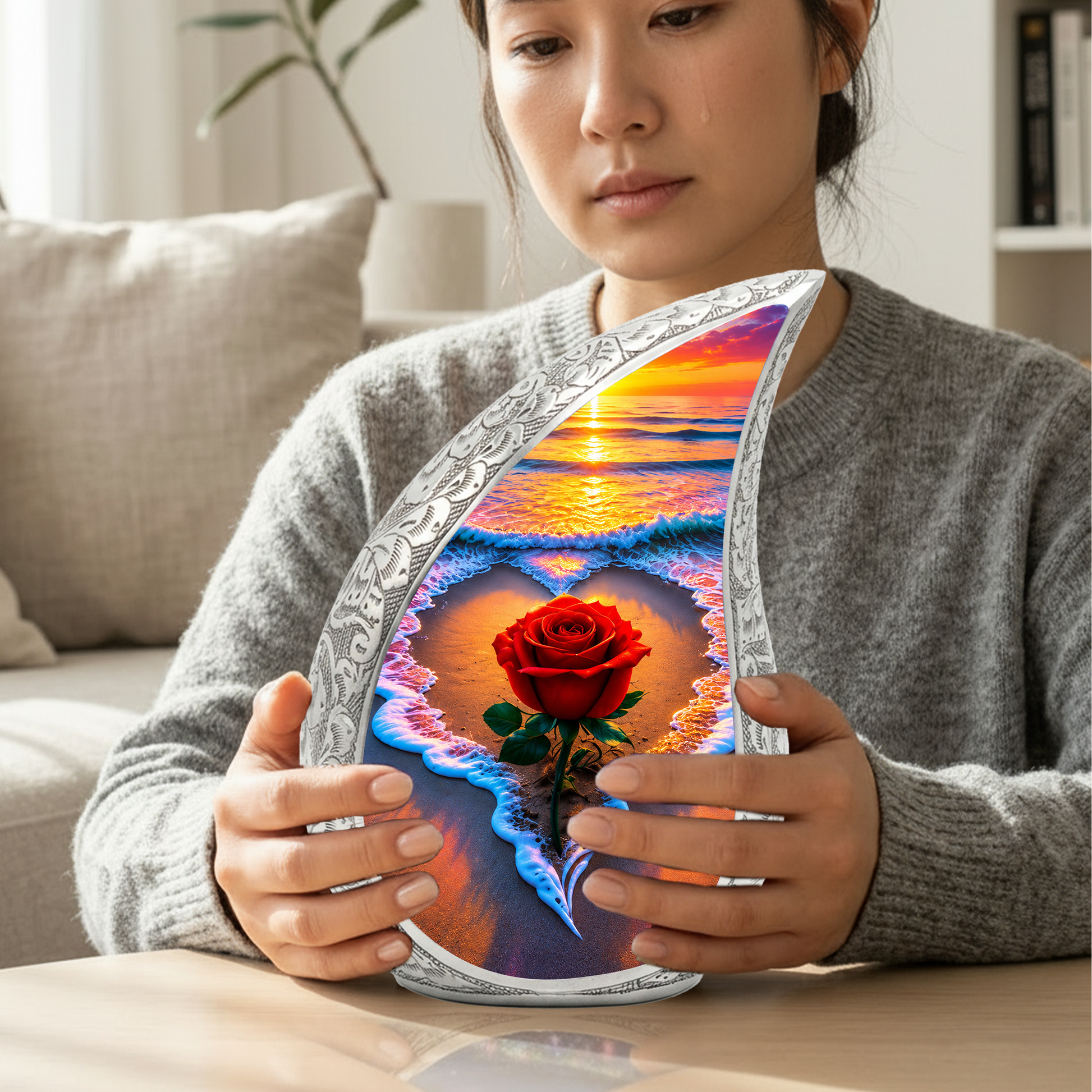 Red Rose Ocean Sunset Urn for Ashes | Beach Urn for Human Ashes, Ocean Wave Cremation Urn