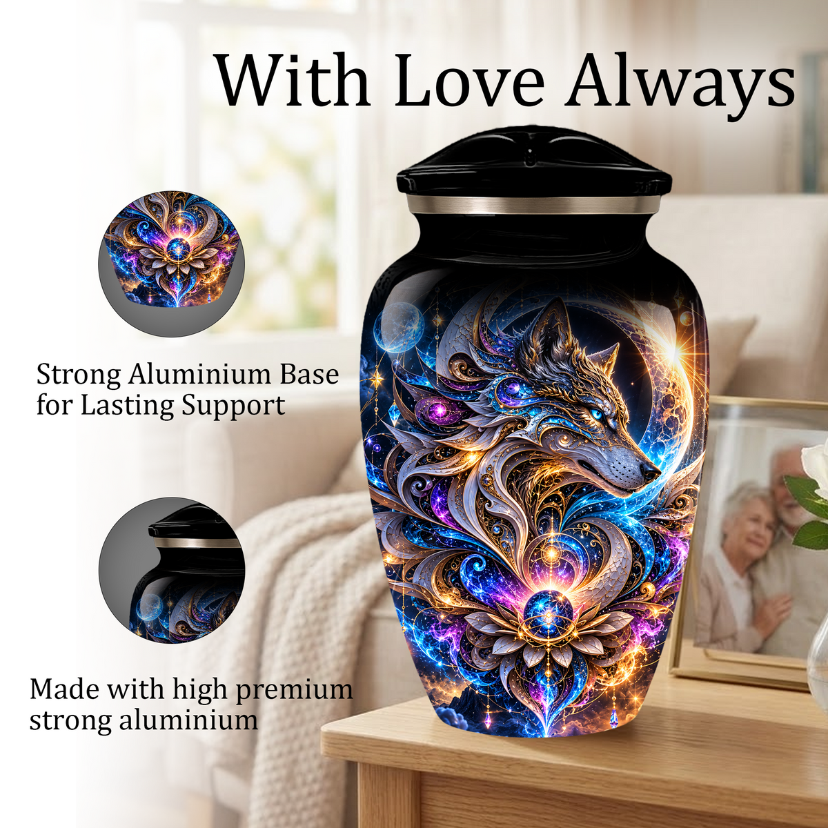 Personalized Adult Cremation Urn for Ashes, Celestial Wolf Memorial Urn, Fantasy Wolf Aluminum Cremation Urn