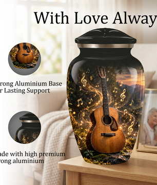 Personalized Guitar Cremation Urn for Ashes, Musical Instrument Urn with Golden Music Notes, Custom Music Lover Urn