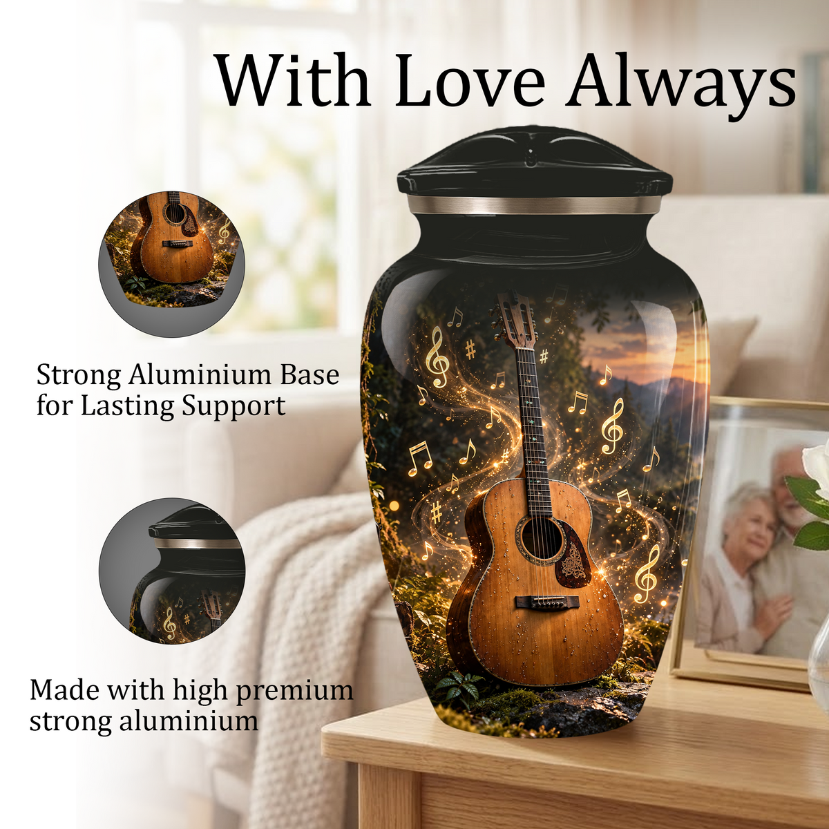 Personalized Guitar Cremation Urn for Ashes, Musical Instrument Urn with Golden Music Notes, Custom Music Lover Urn