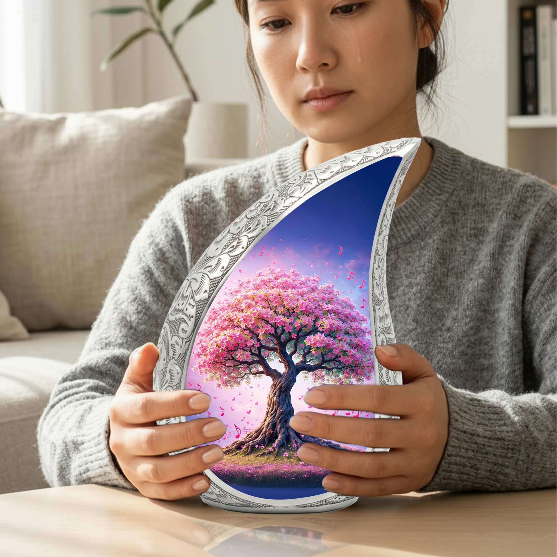 Tree of Life Personalized Cremation Urn – Teardrop Style Aluminum Memorial Urn, 10 Inch