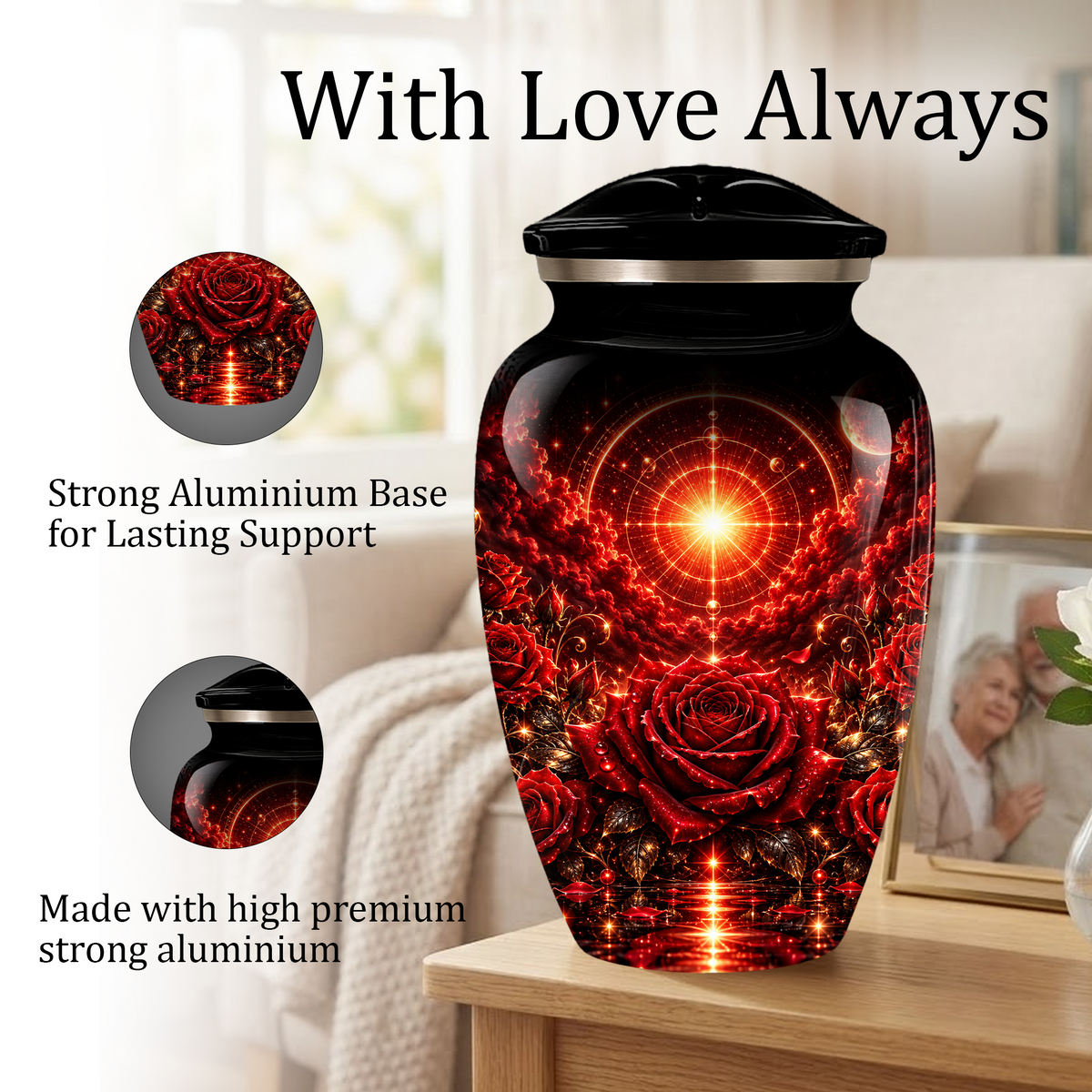 Red Rose Cremation Urn – Elegant Adult Memorial Urn for Ashes with Celestial Rose Design