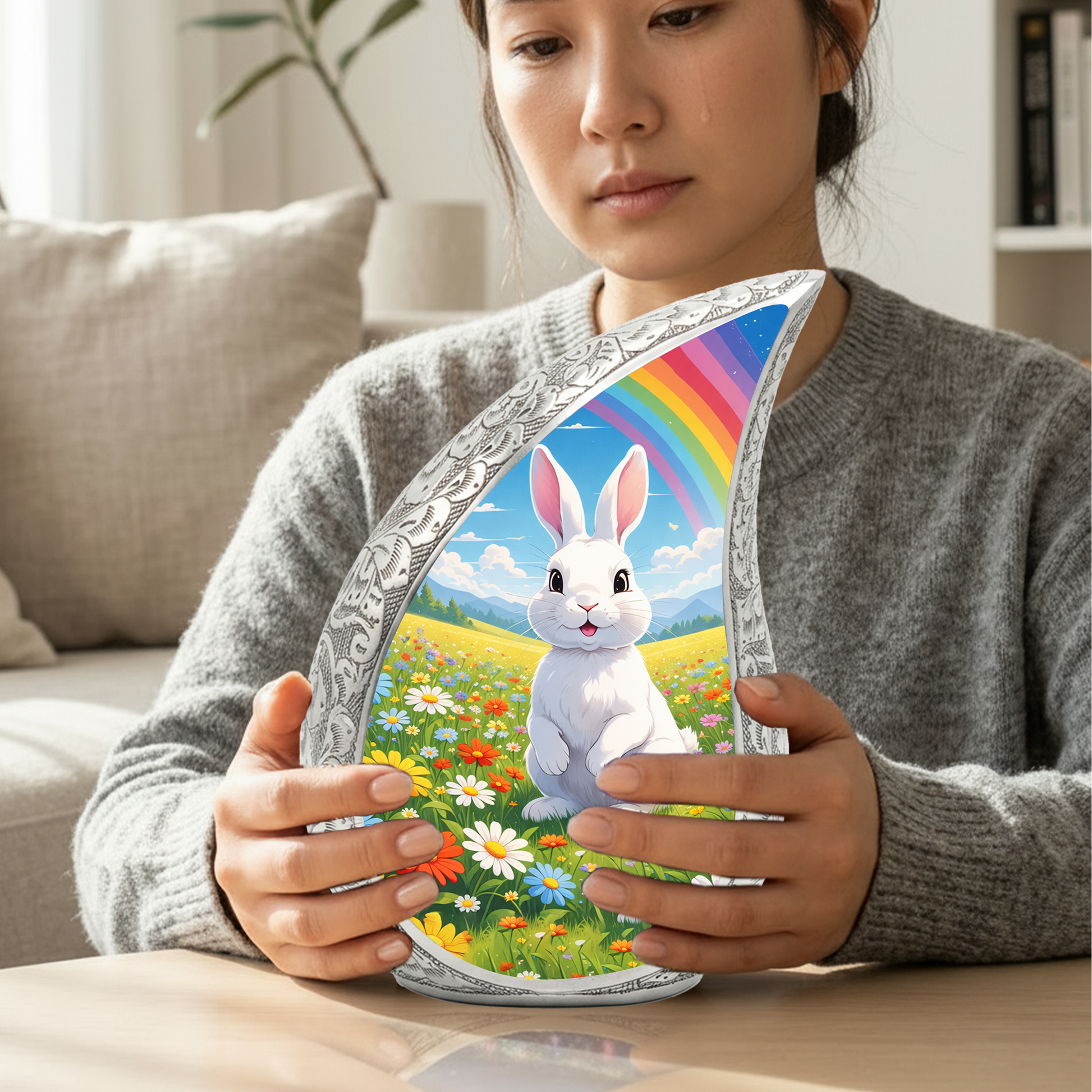 Personalized Rabbit Cremation Urn – Rainbow Meadow Teardrop Memorial Urn, 10 Inch Aluminum