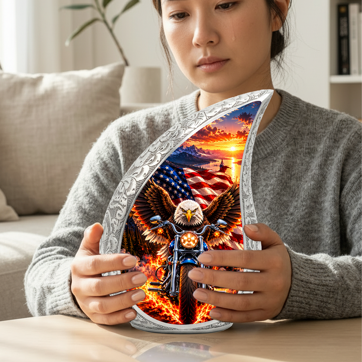 Patriotic Eagle Motorcycle Urn for Human Ashes, American Flag Adult Cremation Urn
