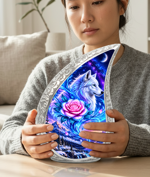Wolf Adult Cremation Urn for Human Ashes, White Wolf and Pink Rose Memorial Urn