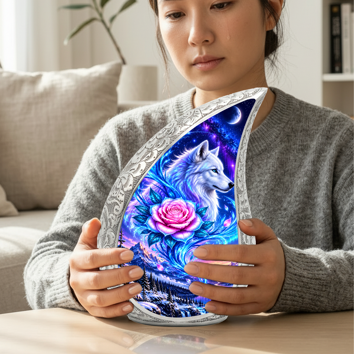 Wolf Adult Cremation Urn for Human Ashes, White Wolf and Pink Rose Memorial Urn