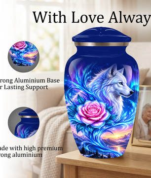 White Wolf and Pink Rose Cremation Urn for Adult Ashes, Blue Memorial Urn with Celestial Aurora and Sunset Mountain Artwork
