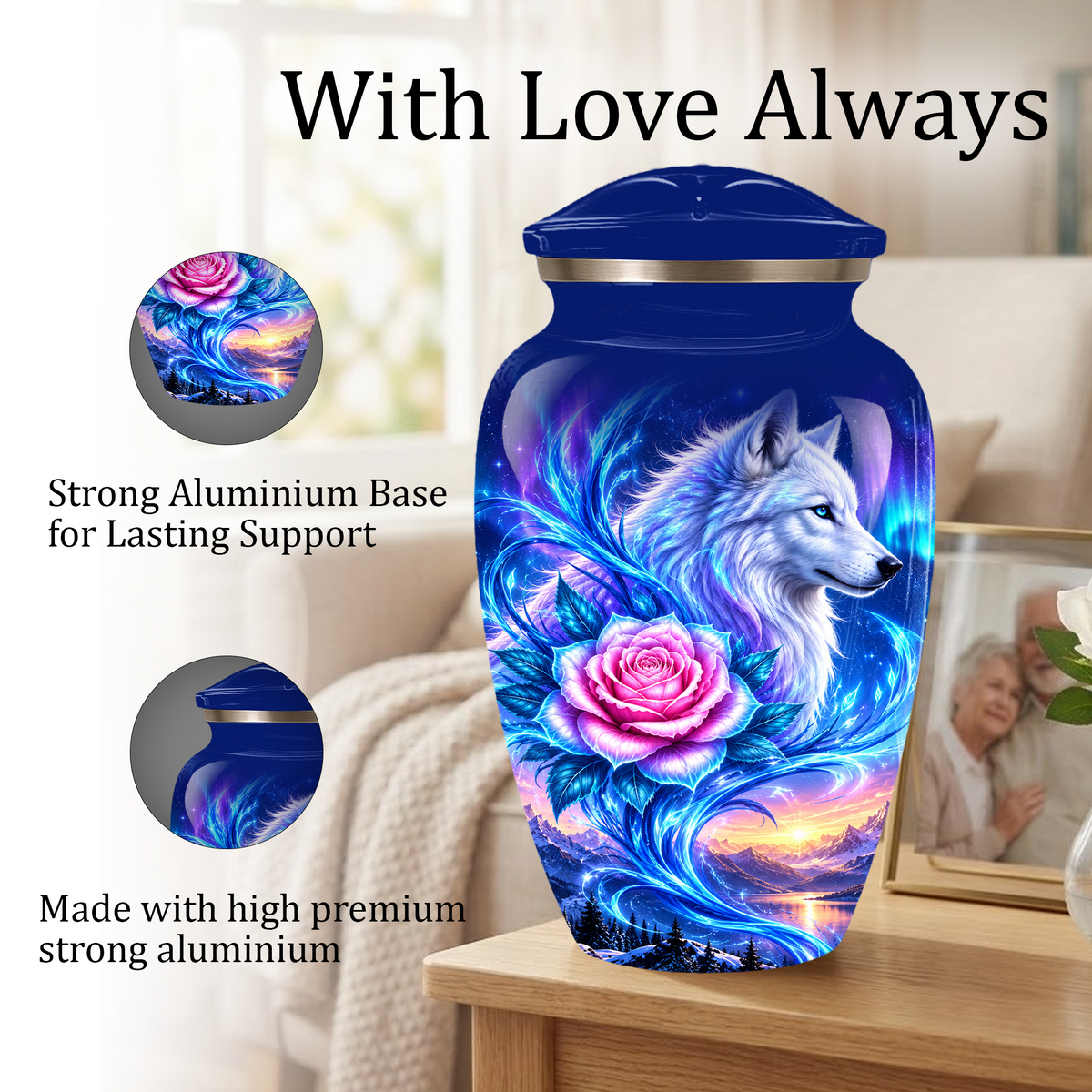 White Wolf and Pink Rose Cremation Urn for Adult Ashes, Blue Memorial Urn with Celestial Aurora and Sunset Mountain Artwork