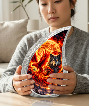 Wolf and Phoenix Urn for Human Ashes, Adult Cremation Urn with Fiery Phoenix and Black Wolf