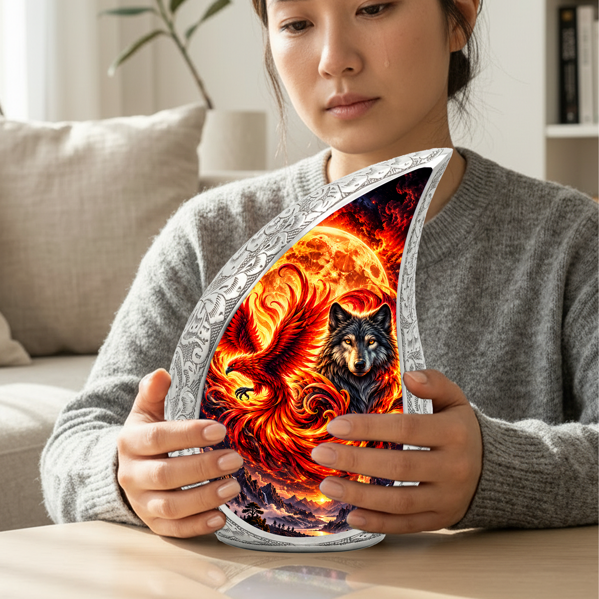 Wolf and Phoenix Urn for Human Ashes, Adult Cremation Urn with Fiery Phoenix and Black Wolf