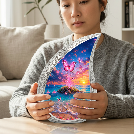Butterfly Ocean Sunset Urn for Human Ashes | Pink Butterfly Beach Cremation Urn for Mom,