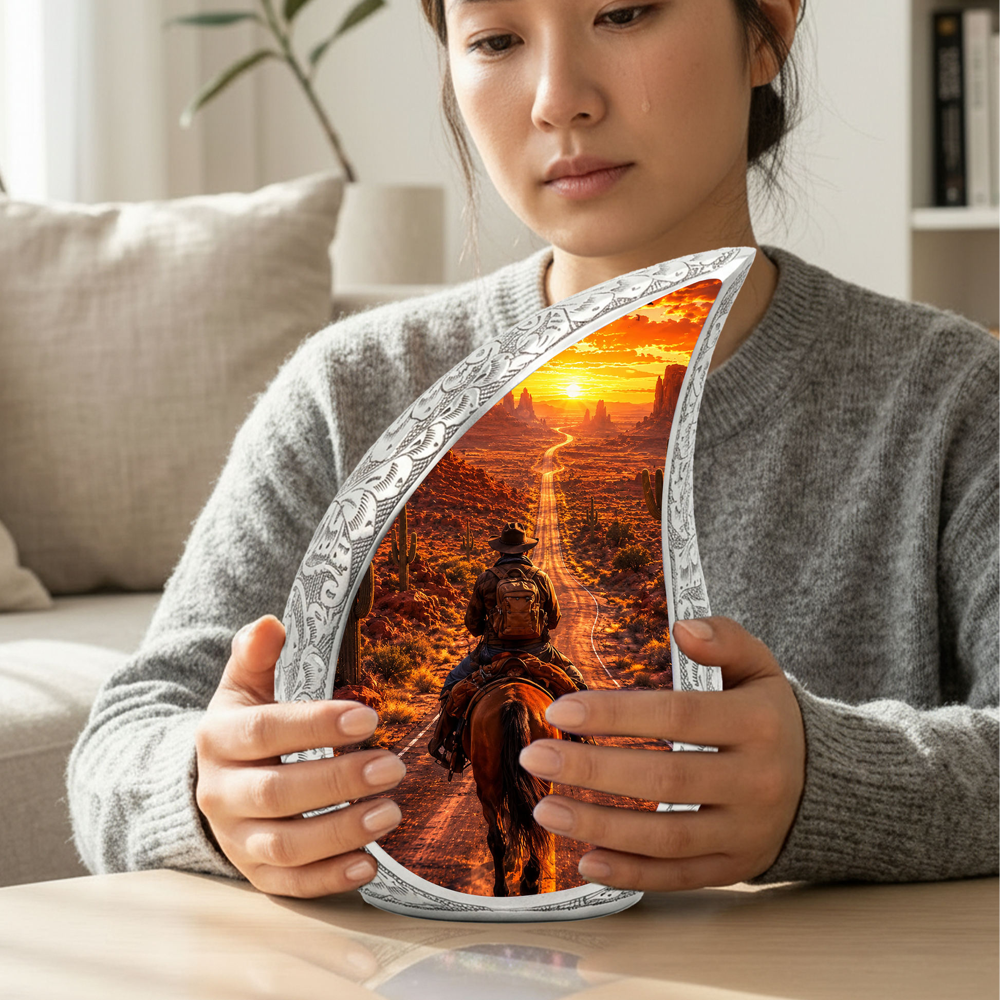 Cowboy Sunset Urn for Dad | Western Horse Cremation Urn for Human Ashes