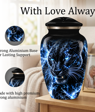 Personalized Adult Cremation Urn for Ashes, Custom Black Panther Memorial Urn, Blue Lightning Fantasy Animal Artwork