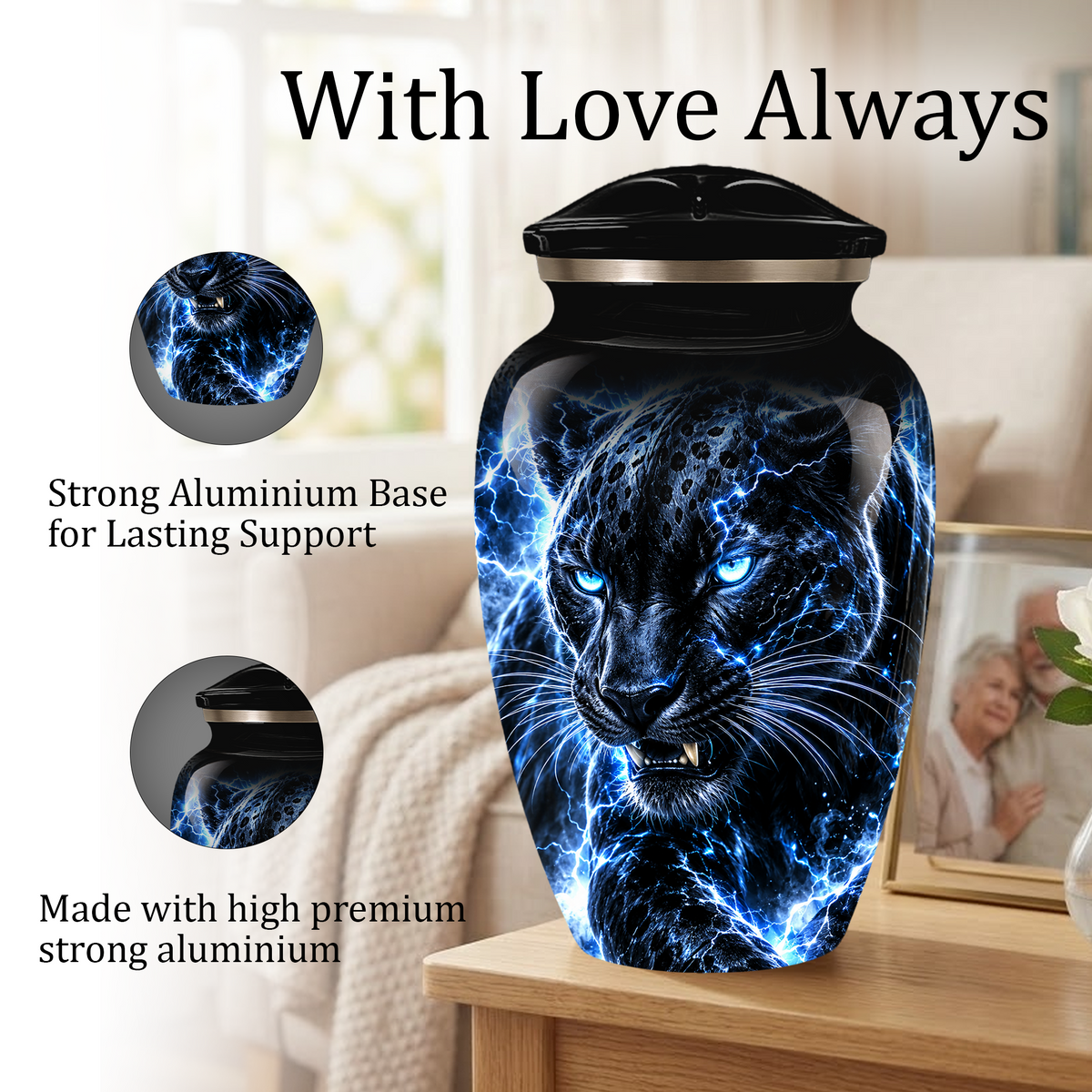 Personalized Adult Cremation Urn for Ashes, Custom Black Panther Memorial Urn, Blue Lightning Fantasy Animal Artwork