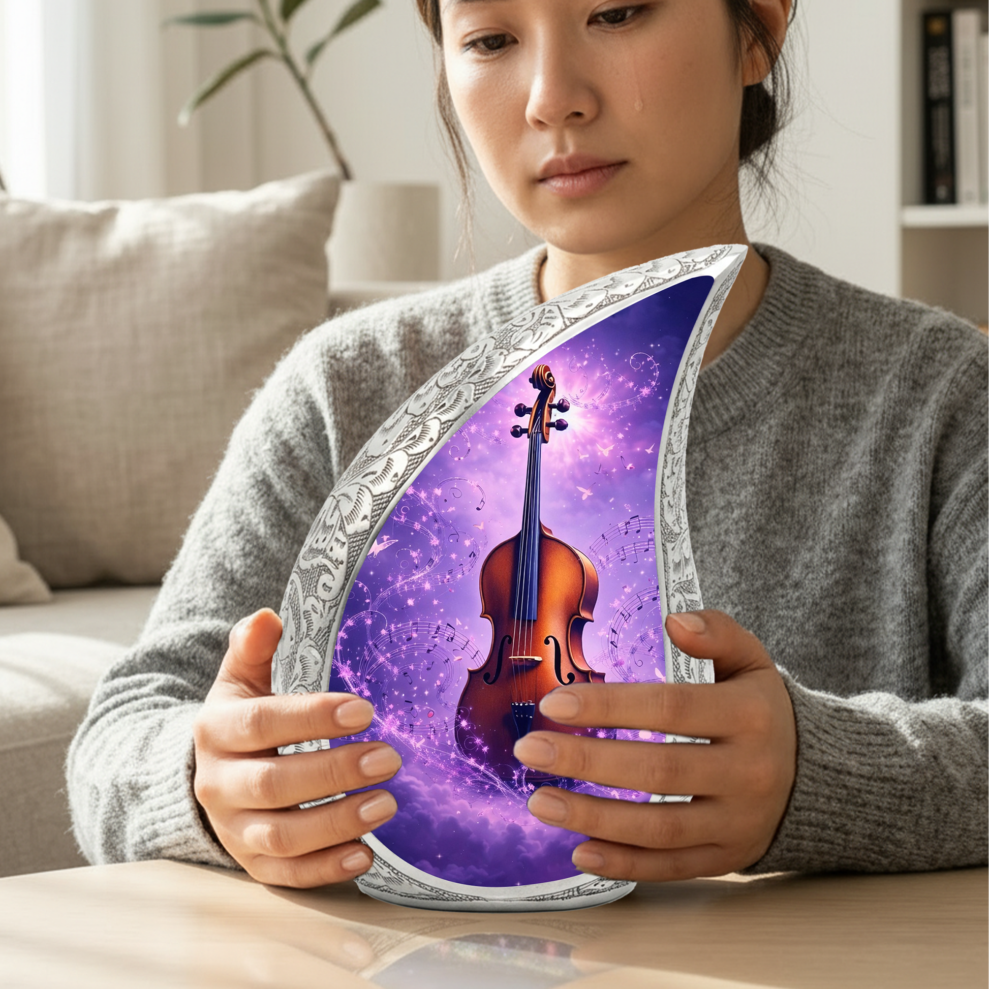 Personalized Violin Cremation Urn – Custom Music Memorial Urn for Ashes, Teardrop Aluminum Adult Urn, 10 Inch