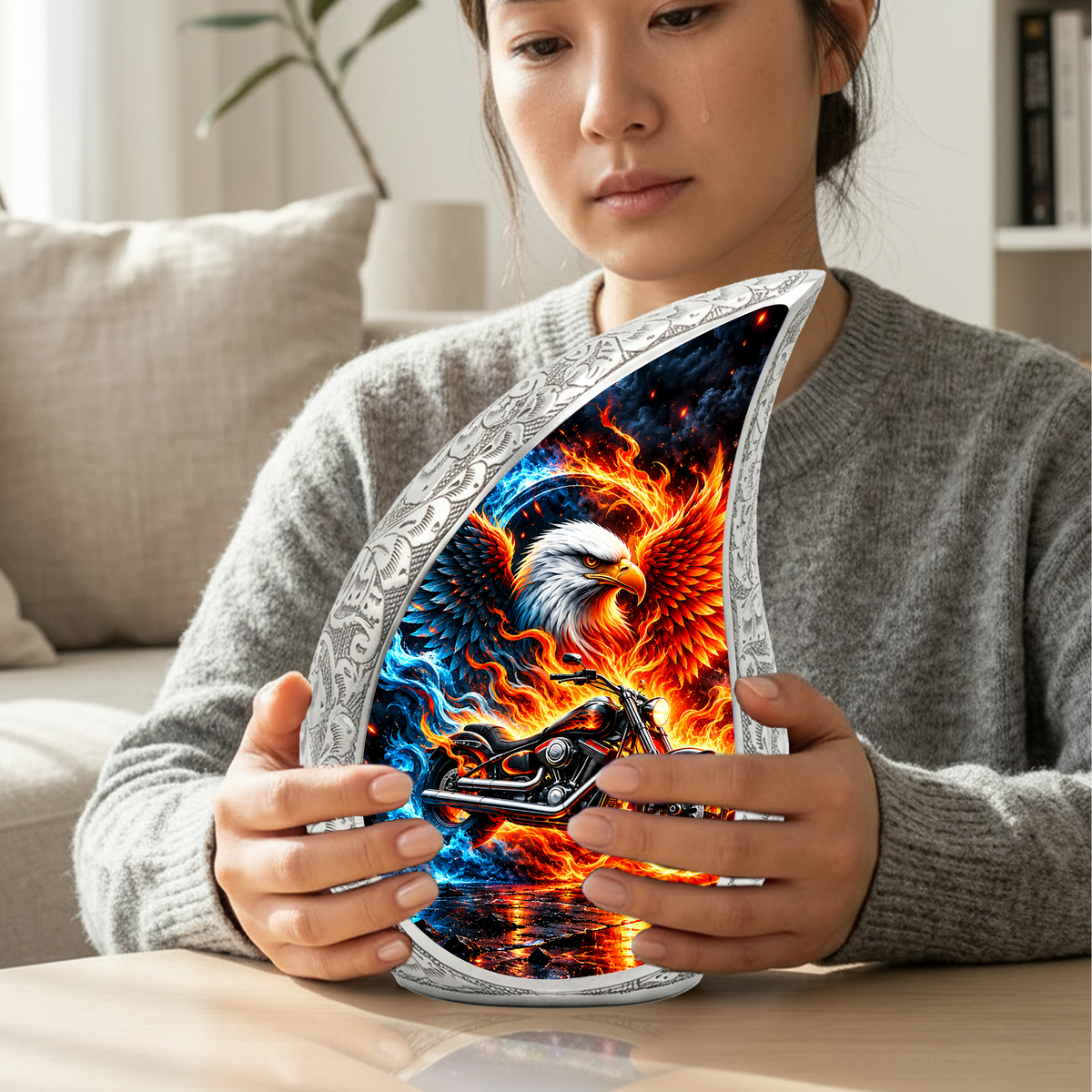 Motorcycle Cremation Urn for Ashes, Eagle Fire Memorial Urn