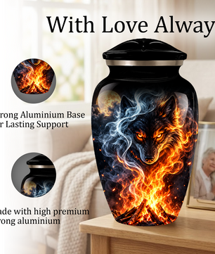 Personalized Adult Cremation Urn for Ashes, Fiery Wolf Memorial Urn, Black Wolf Cremation Urn