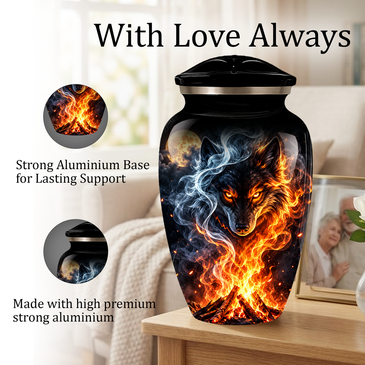 Personalized Adult Cremation Urn for Ashes, Fiery Wolf Memorial Urn, Black Wolf Cremation Urn