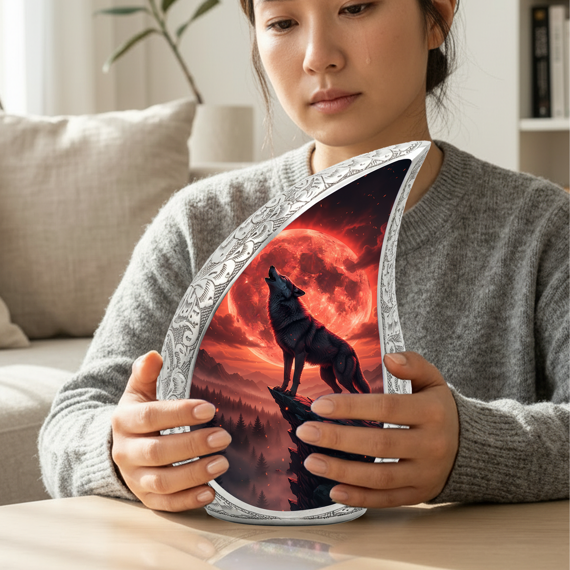Crimson Moon Wolf Personalized Cremation Urn – Teardrop Memorial Urn for Ashes | 10 Inch