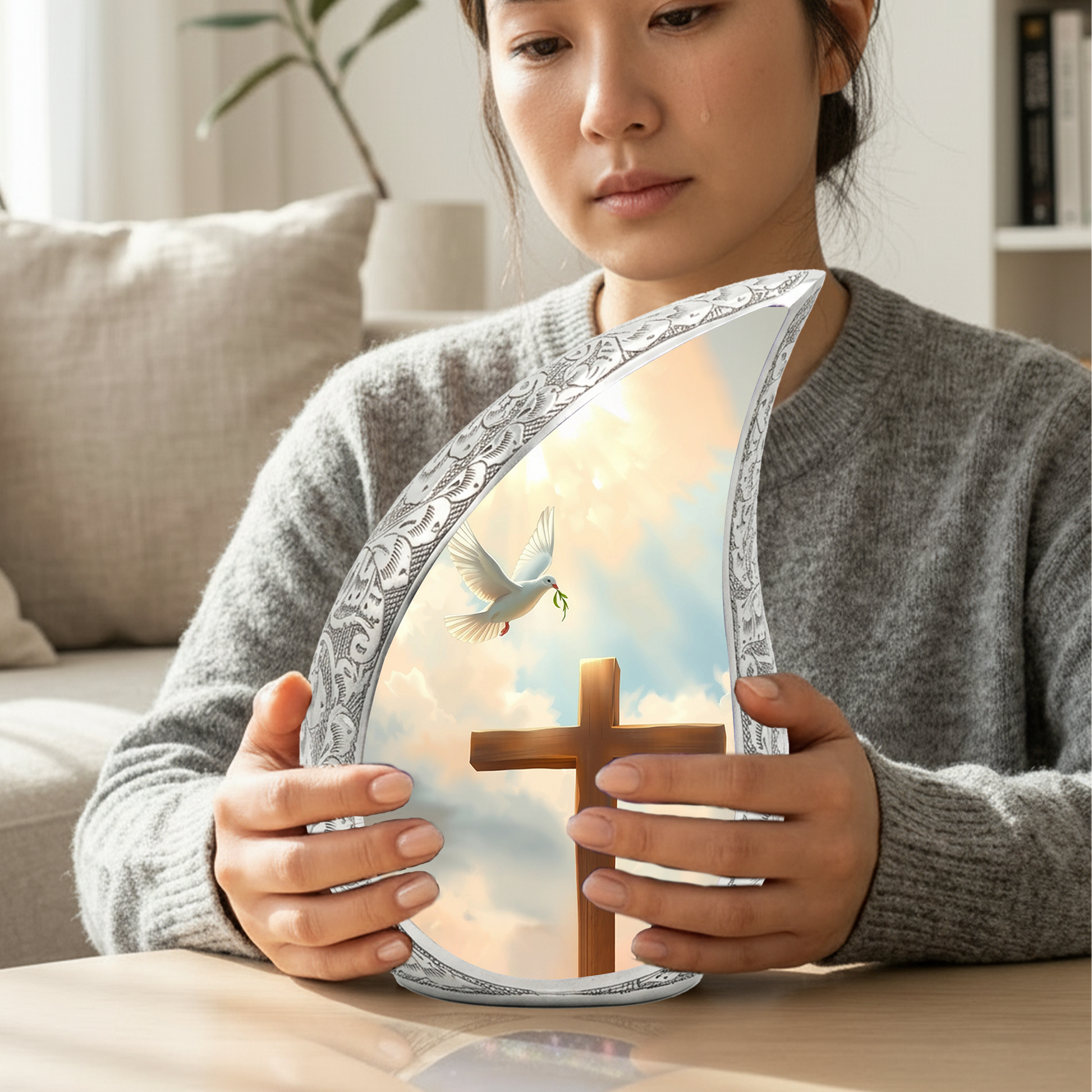Christian Cross Personalized Cremation Urn – Teardrop Memorial Urn for Ashes | 10 Inch Aluminum Adult Urn