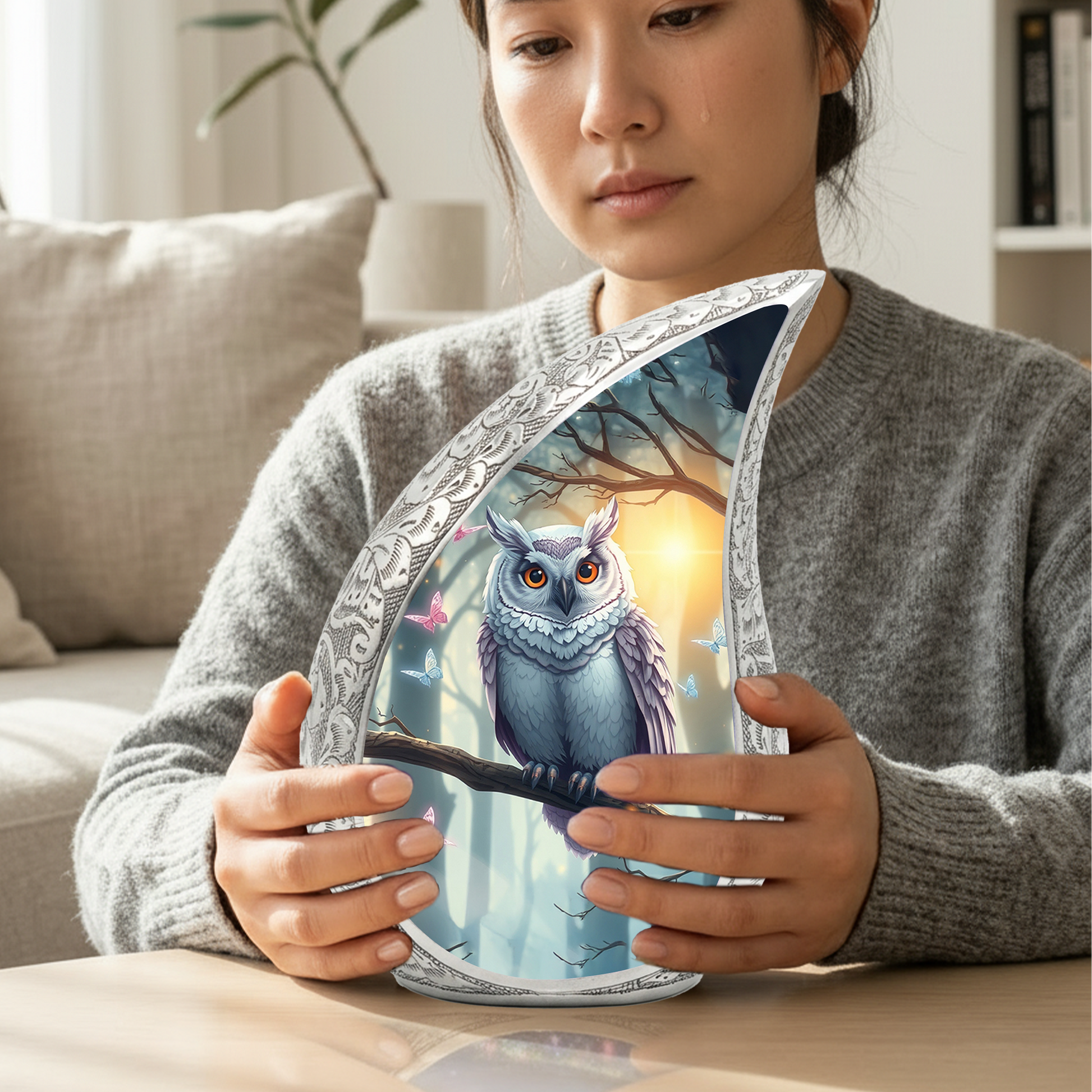 Enchanted Owl Personalized Cremation Urn – Teardrop Memorial Urn for Ashes | 10 Inch Aluminum Adult Urn