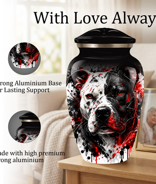 Personalized Pitbull Cremation Urn for Ashes  Black and White Pet Portrait Urn with Red Accents