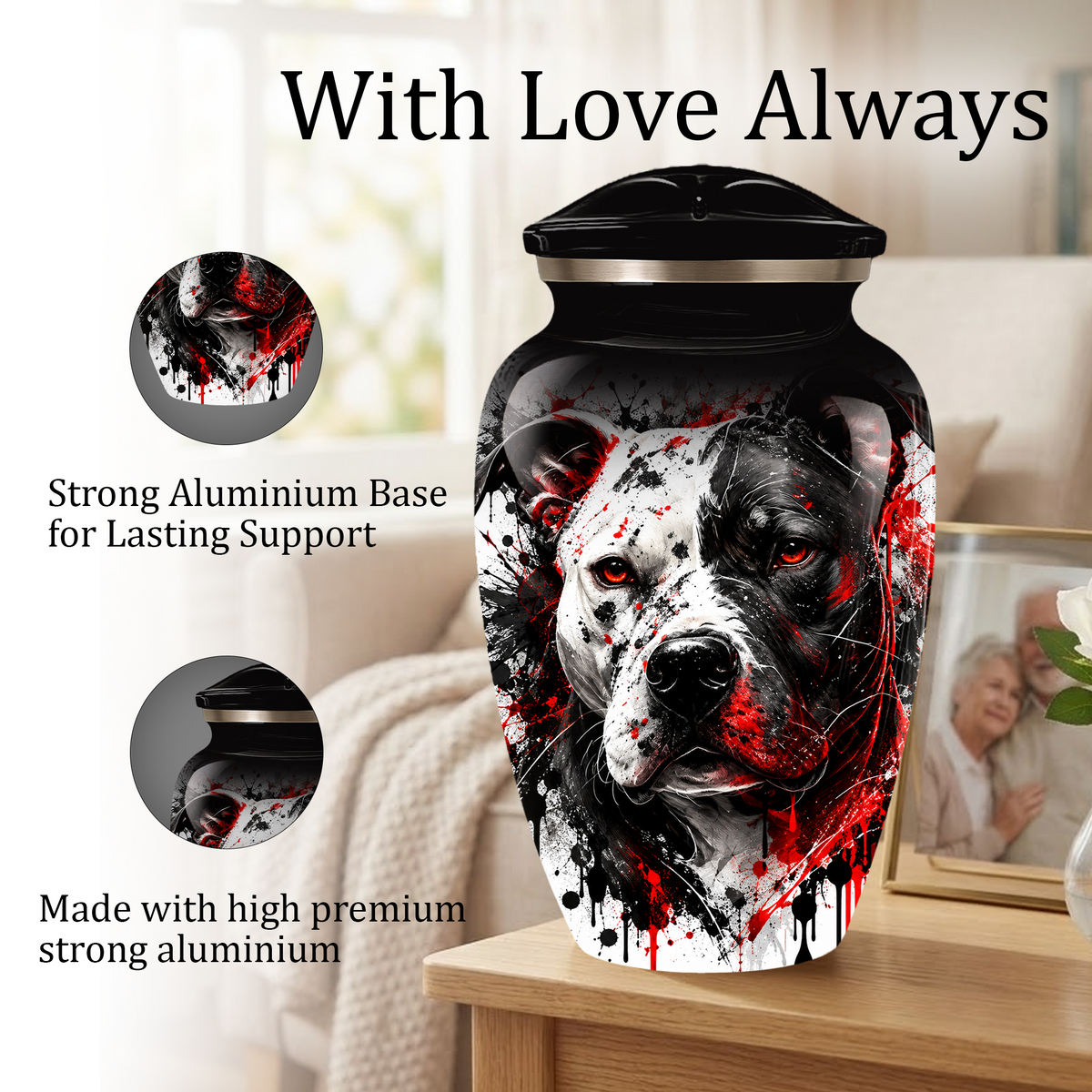 Personalized Pitbull Cremation Urn for Ashes  Black and White Pet Portrait Urn with Red Accents