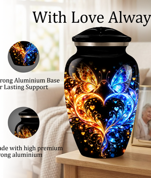 Butterfly Cremation Urn for Adult Ashes, Blue and Gold Butterflies Memorial Urn