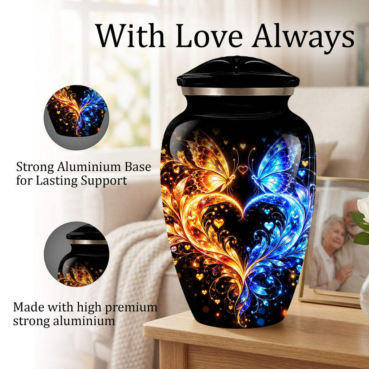 Butterfly Cremation Urn for Adult Ashes, Blue and Gold Butterflies Memorial Urn