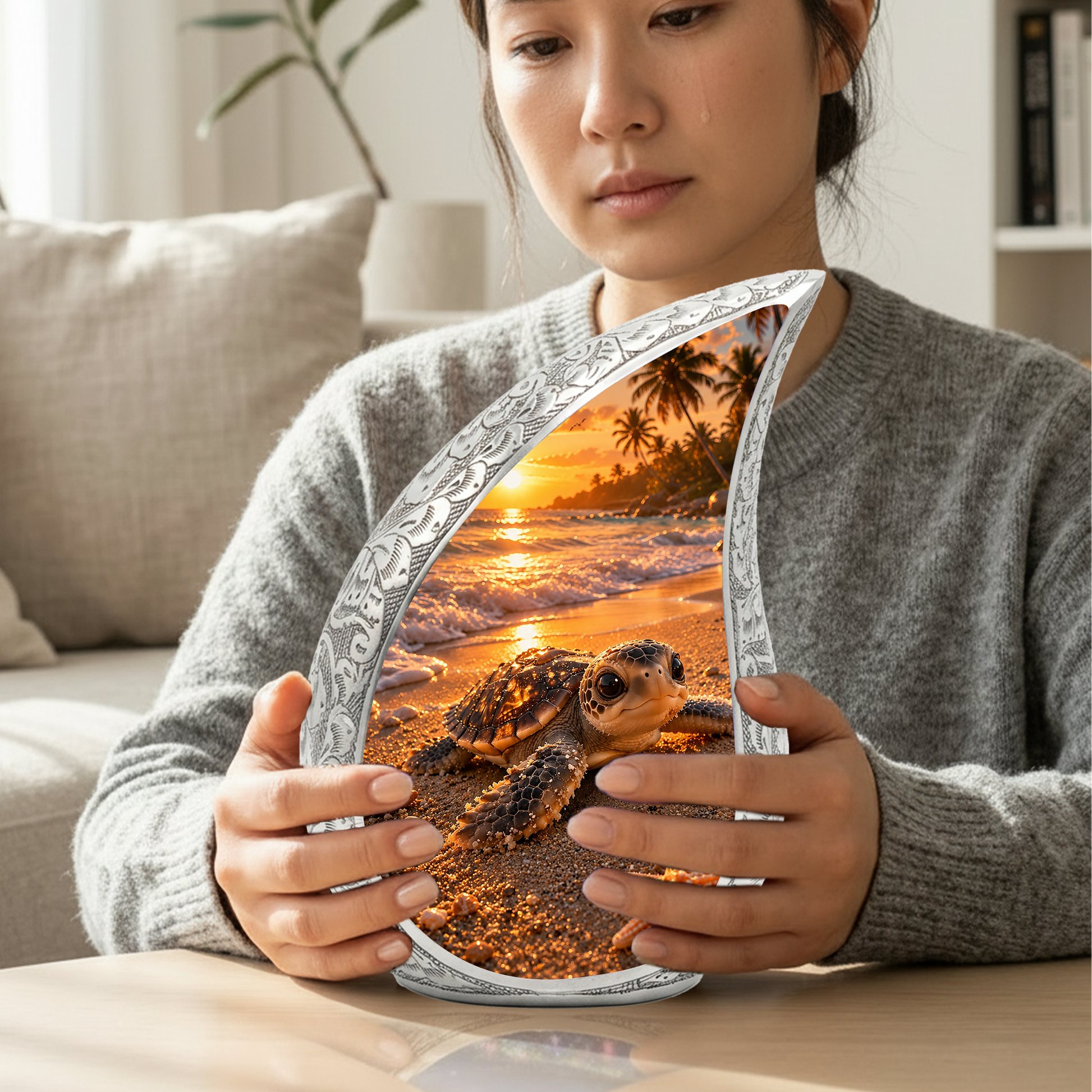 Baby Turtle Beach Urn for Human Ashes | Ocean Wave Wooden Cremation Urn