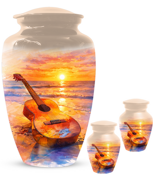 Guitar Urn for Ashes, Beach Sunset Cremation Urn, Custom Memorial Urn, Music Lover Urn