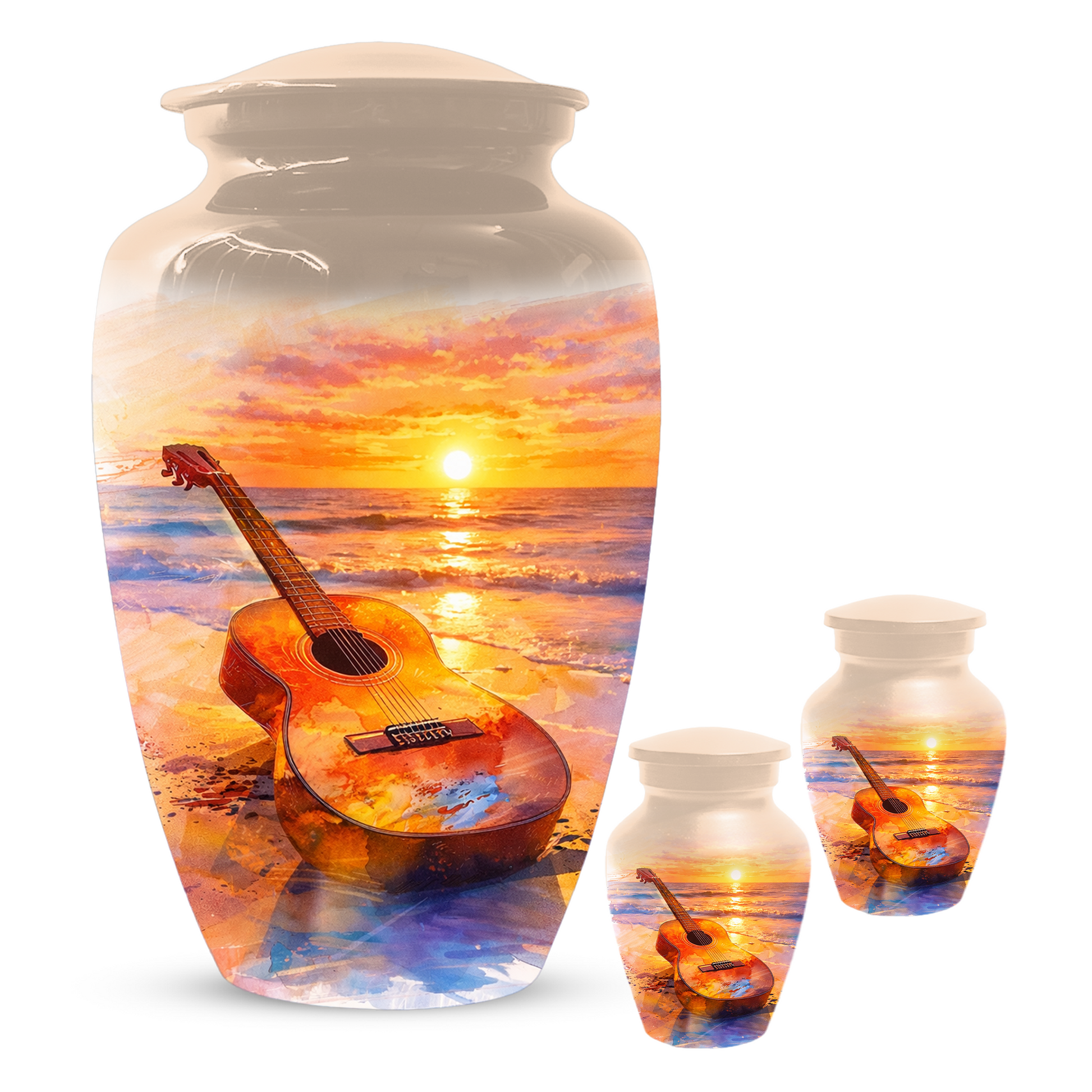 Guitar Urn for Ashes, Beach Sunset Cremation Urn, Custom Memorial Urn, Music Lover Urn