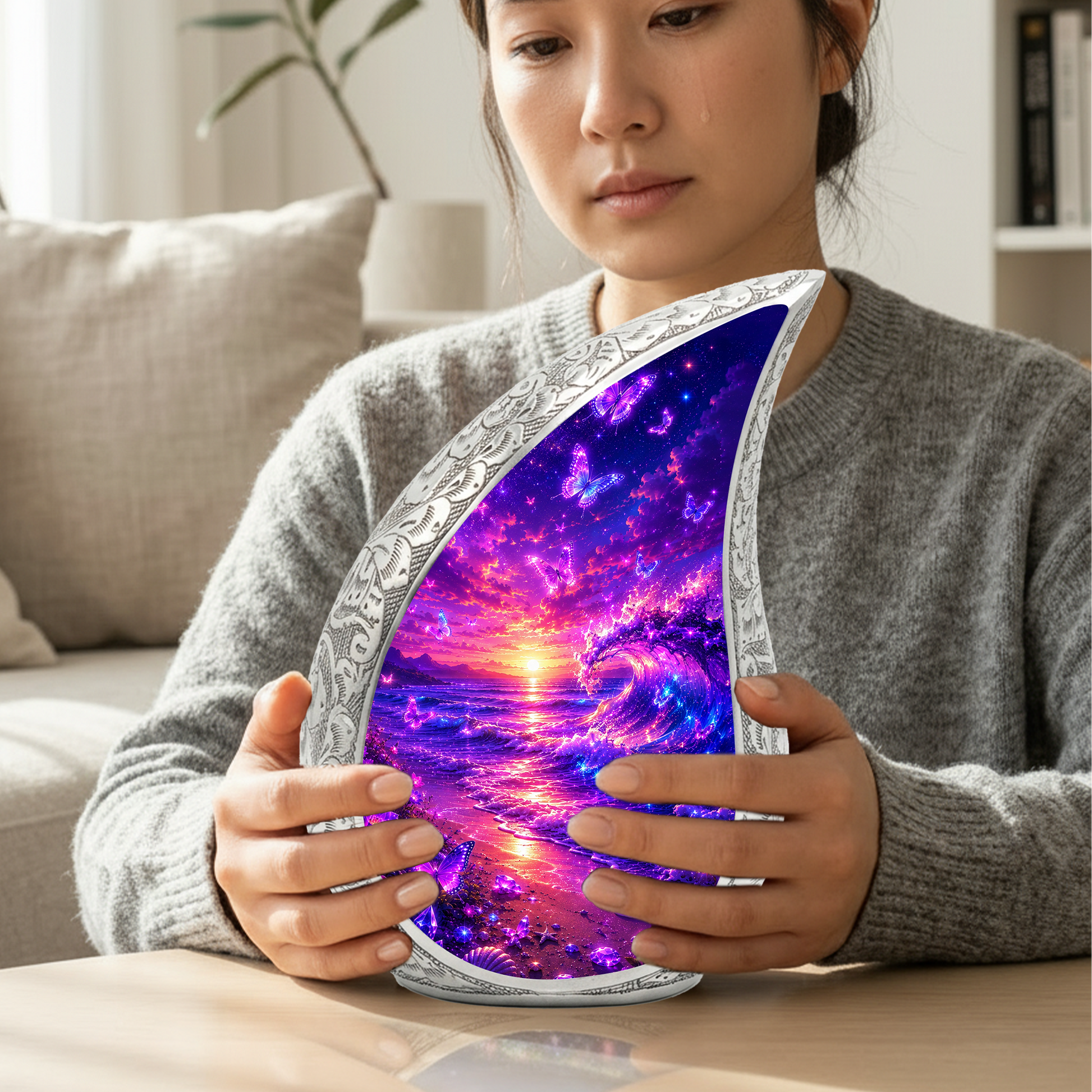 Butterfly Beach Cremation Urn for Adult Ashes | Beautiful Ocean Wave & Sunset Memorial Urn
