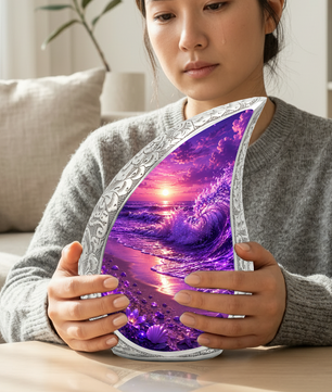 Beach Urns for Human Ashes – Purple Ocean Wave Sunset Beach Themed Cremation Urn