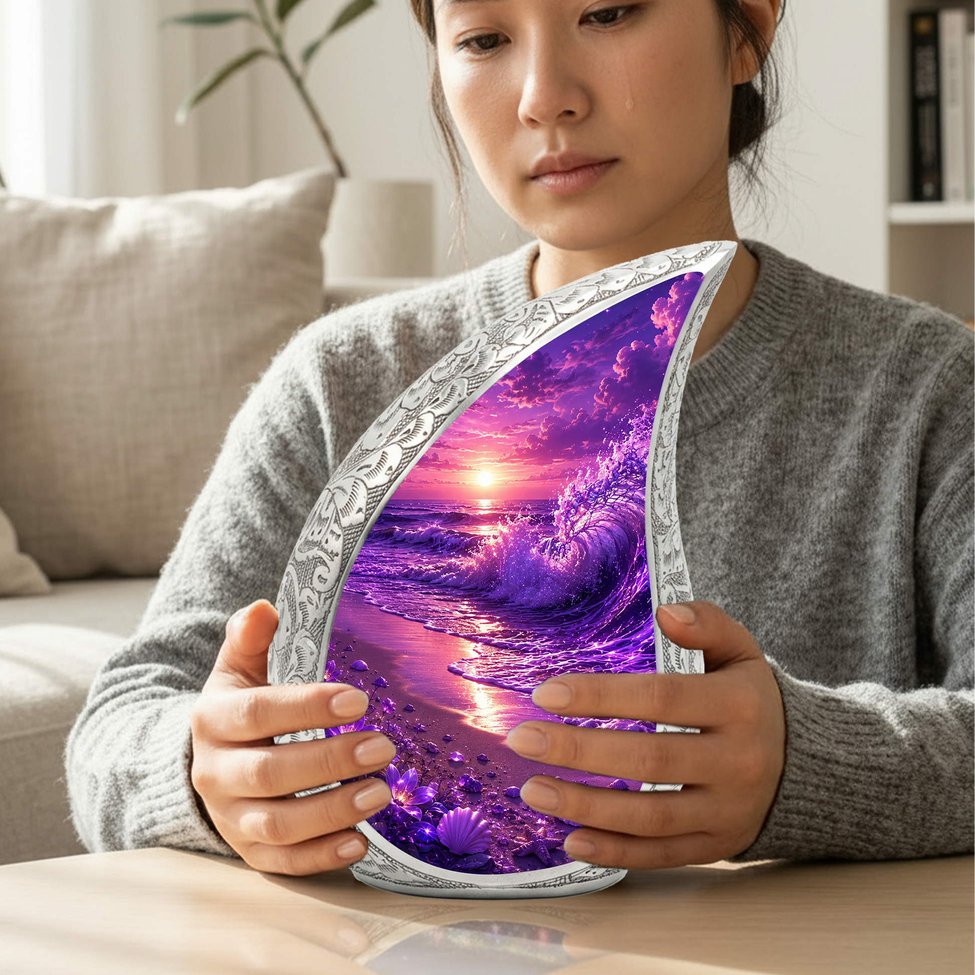 Beach Urns for Human Ashes – Purple Ocean Wave Sunset Beach Themed Cremation Urn