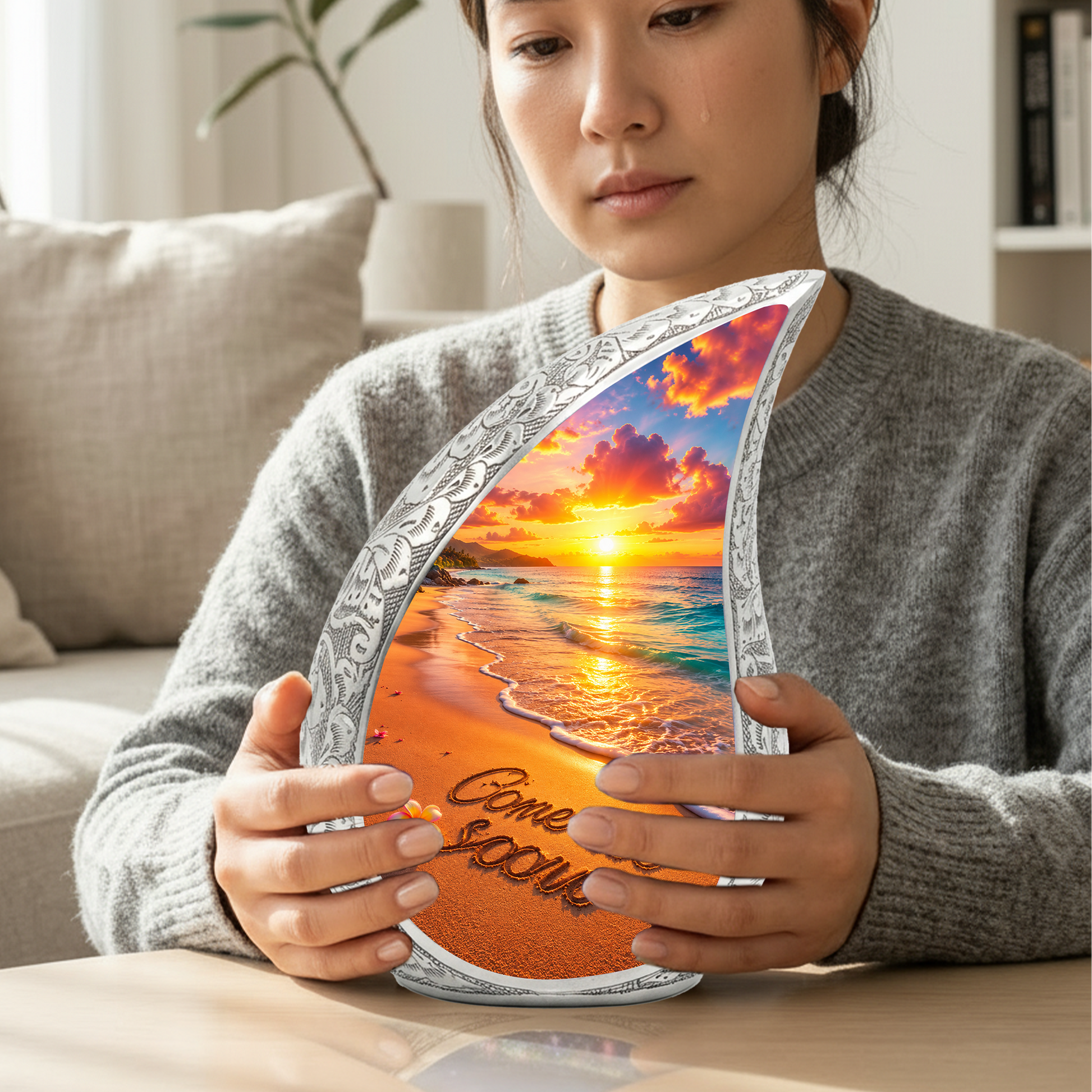Beach Sunset Adult Cremation Urn for Mom – Personalized Memorial Urn for Human Ashes | Ocean Funeral Urn for Women