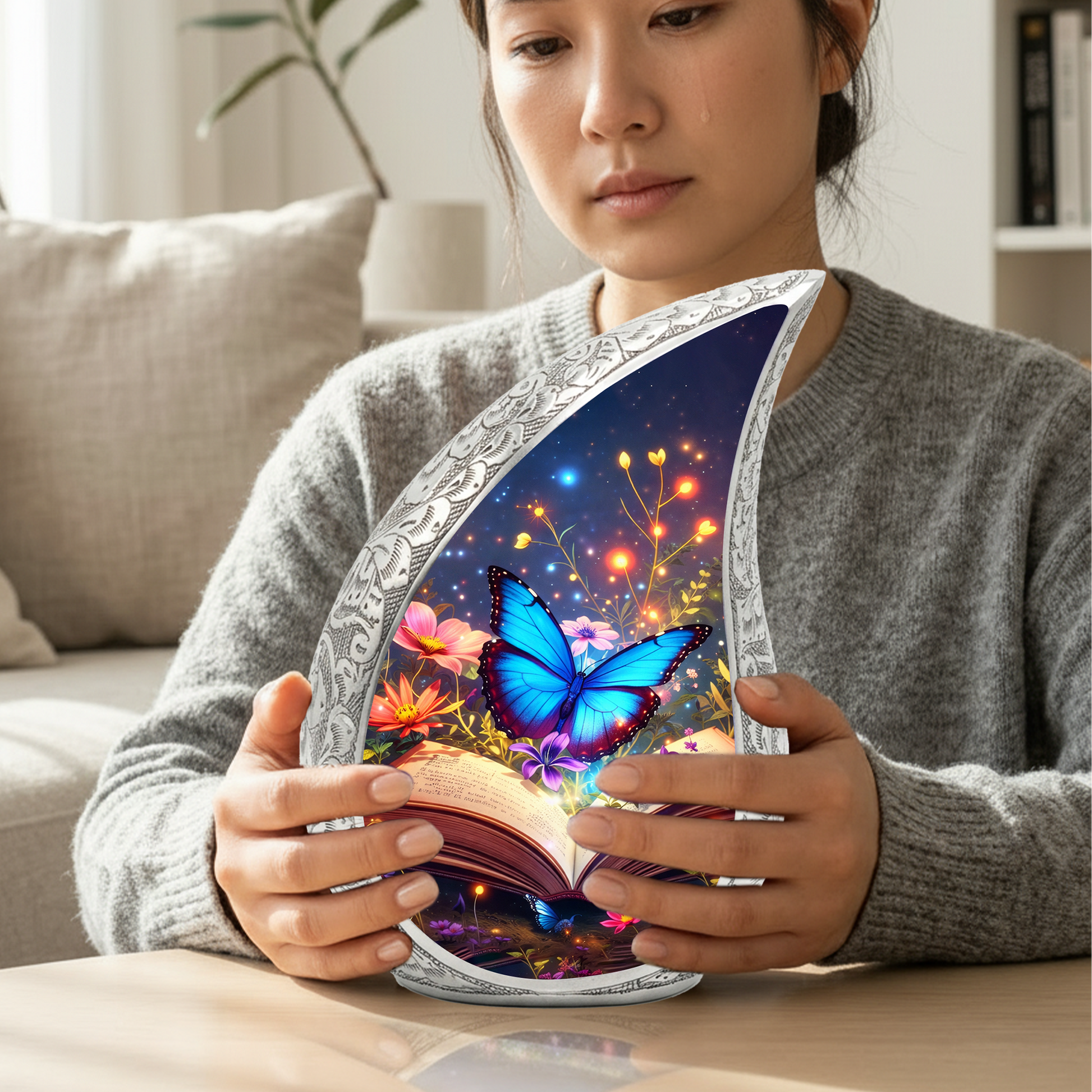 Butterfly Personalized Cremation Urn – Teardrop Style Aluminum Memorial Urn, 10 Inch