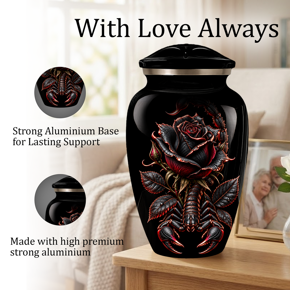 Black Rose & Scorpion Cremation Urn – Gothic Adult Memorial Urn for Ashes