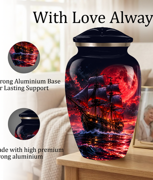 Personalized Adult Cremation Urn for Ashes, Custom Pirate Ship Red Moon Memorial Urn, Nautical Cremation Urn
