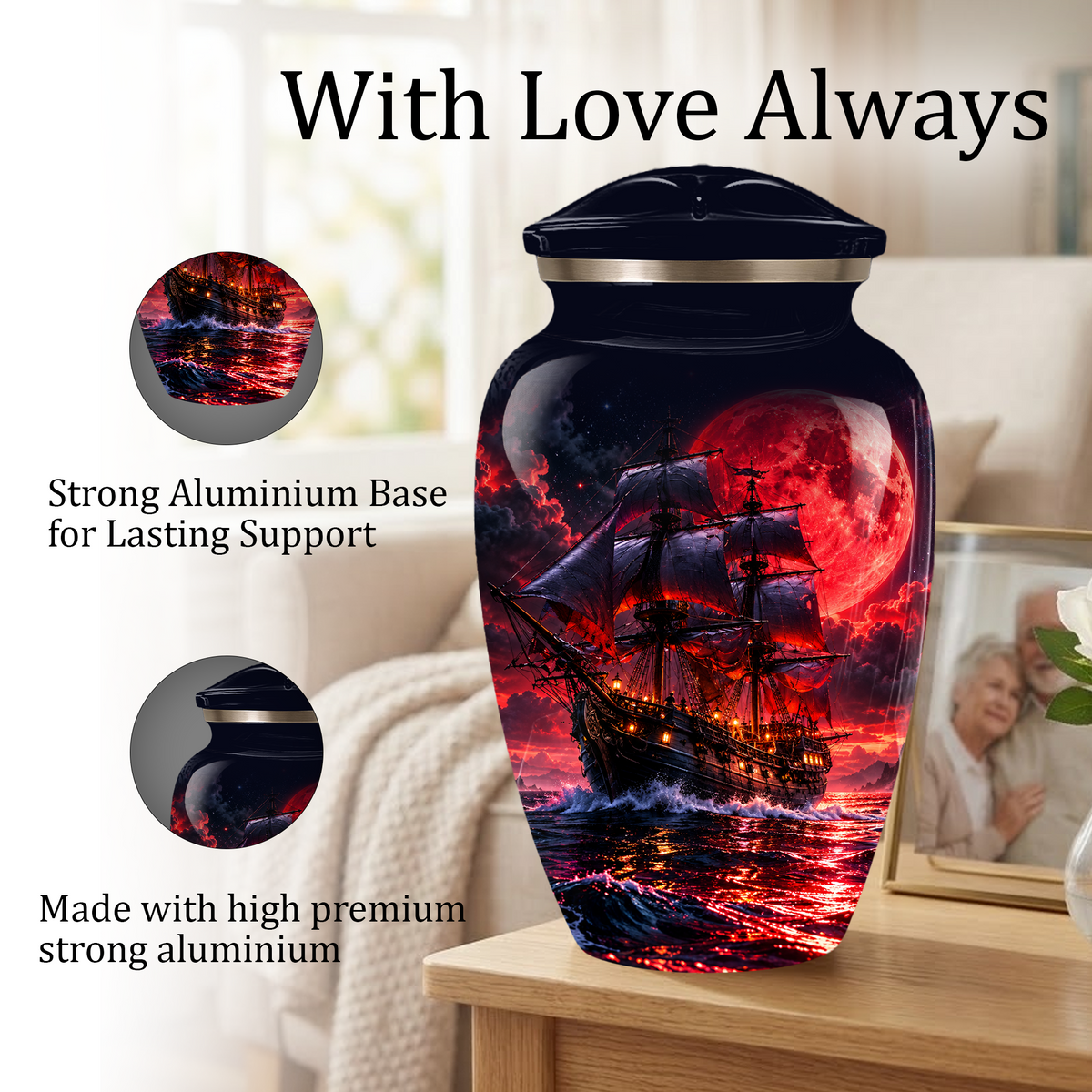 Personalized Adult Cremation Urn for Ashes, Custom Pirate Ship Red Moon Memorial Urn, Nautical Cremation Urn