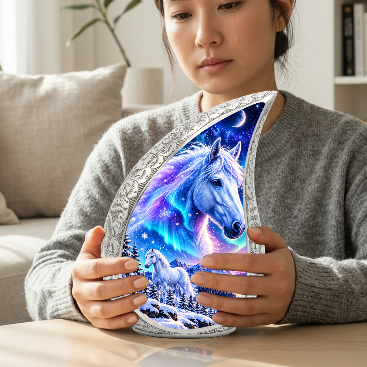 White Horse Cremation Urn for Ashes, Fantasy Horse Adult Memorial Urn