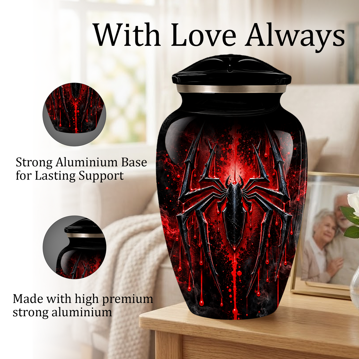 Black Spider Cremation Urn with Red Gothic Design – Adult Urn for Ashes