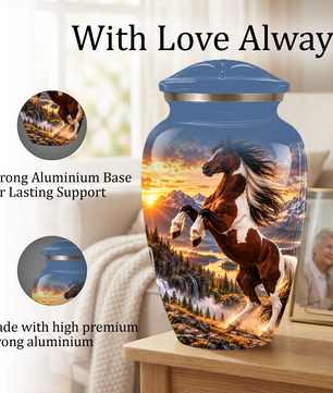 Horse Cremation Urn for Ashes, Rearing Horse Sunset Design, Custom Horse Lover Pet Memorial Urn
