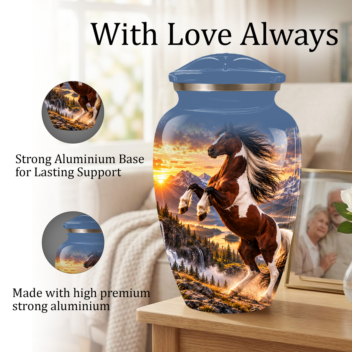 Horse Cremation Urn for Ashes, Rearing Horse Sunset Design, Custom Horse Lover Pet Memorial Urn